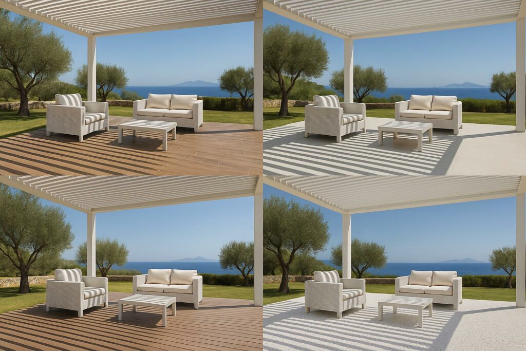Choisissez votre sol suivant différents types de revêtement sous votre pergola bioclimatique en aluminium, sur-mesure, par l'entreprise Var-Pose-Alu