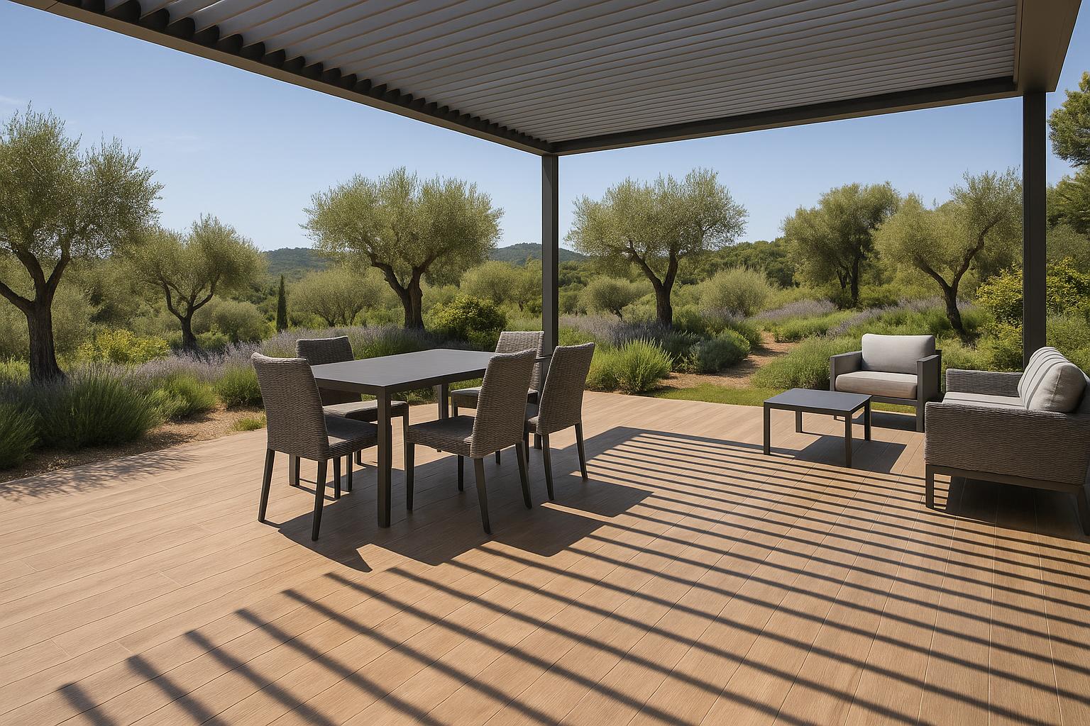 Carrelage extérieur posé sous la terrasse sous une pergola anthracite en aluminium, fabriquée et posée par l'entreprise Var-pose-Alu