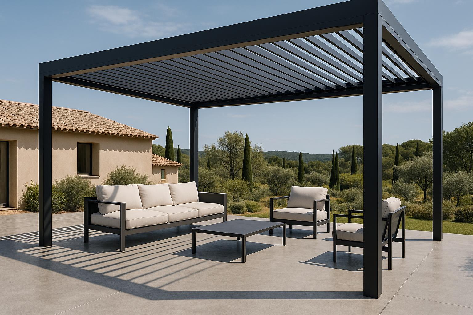 Une dalle béton au sol comme revêtement sous une pergola aluminium sur-mesure, fabriquée et installée par Var-Pose-Alu dans le sud
