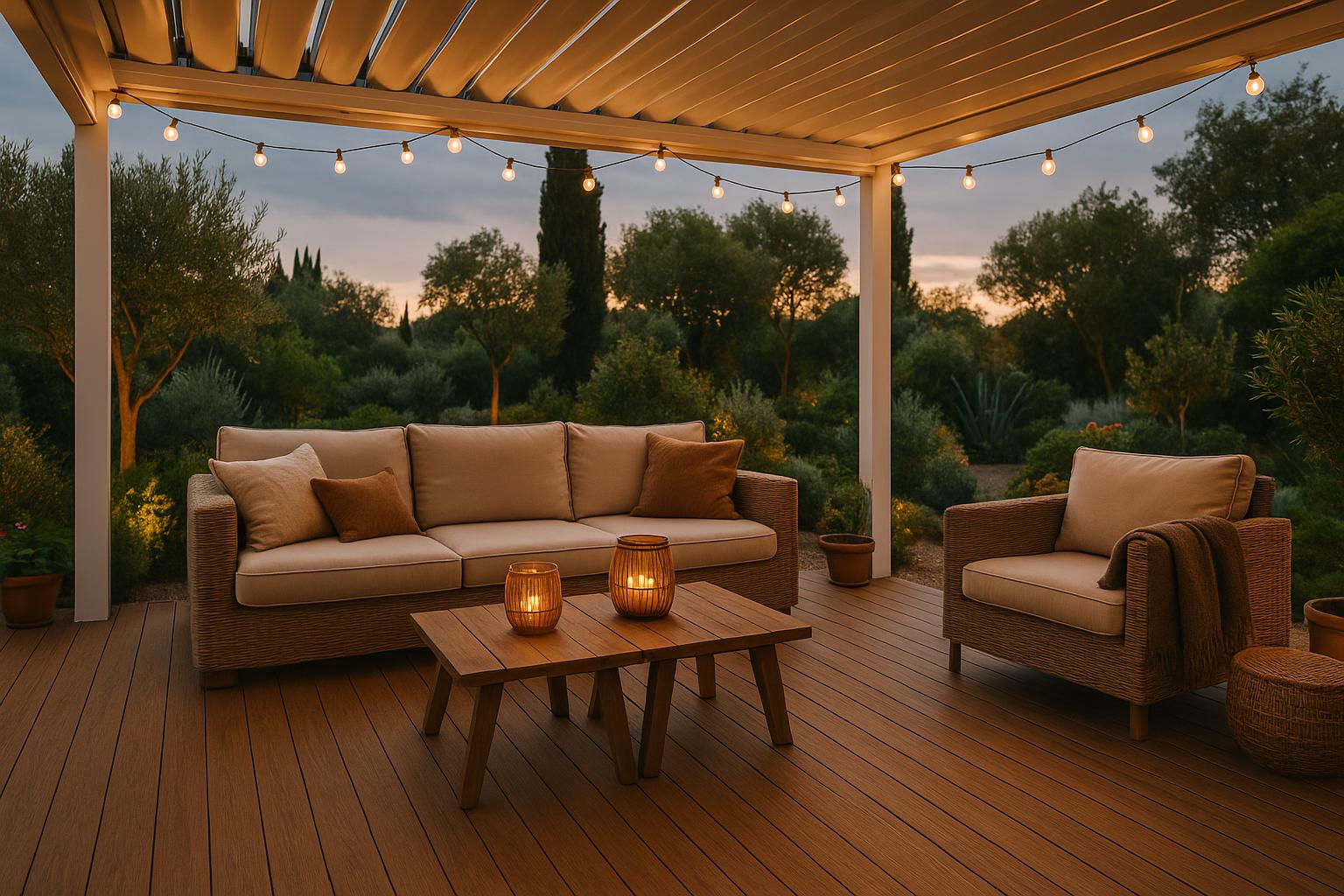 Plancher bois sous une pergola en aluminium sur-mesure par l'entreprise Var-Pose-Alu dans le sud varois