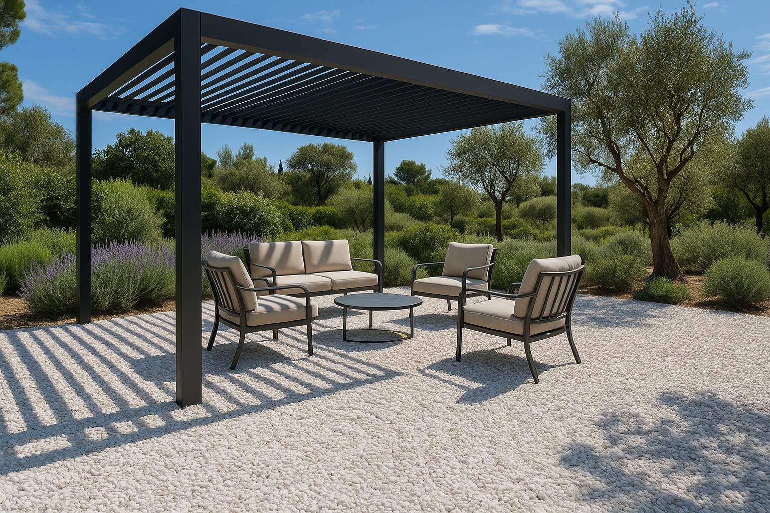 Un sol en gravier et stabilisé sous une pergola moderne en aluminium sur-mesure dans le 83, fabrication locale par Var-Pose-Alu