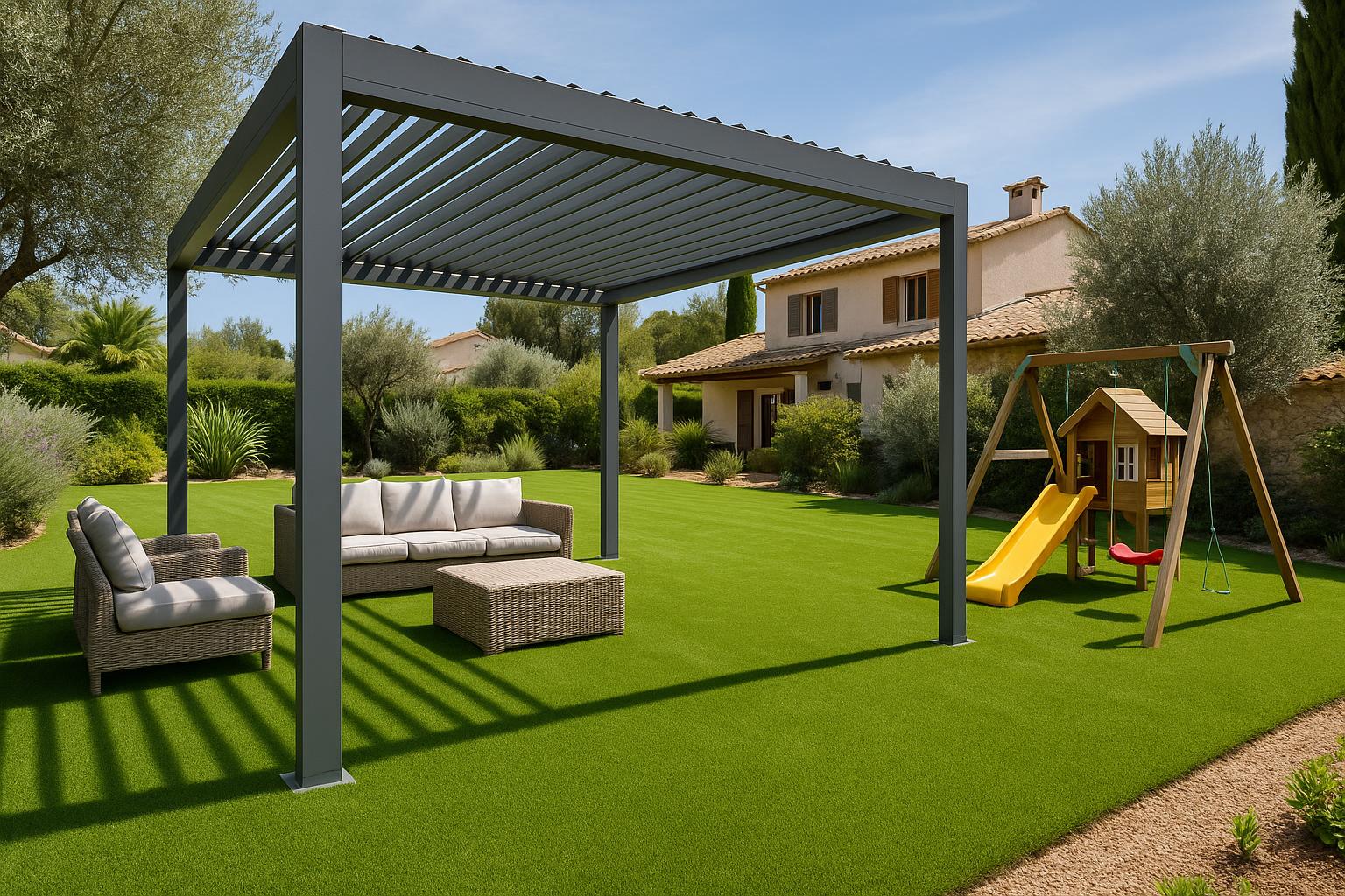 Un beau sol en pelouse ou gazon artificiel pour couvrir le sol sous une pergola haut-de-gamme en aluminium sur-mesure fabriquée localement made in france par l'entreprise varoise Var-Pose-Alu