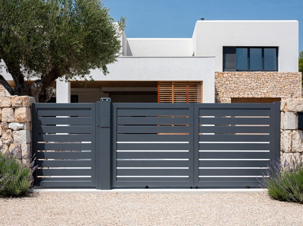 Portail en aluminium anthracite, sur mesure, composant une clôture d'une villa moderne située dans le Var