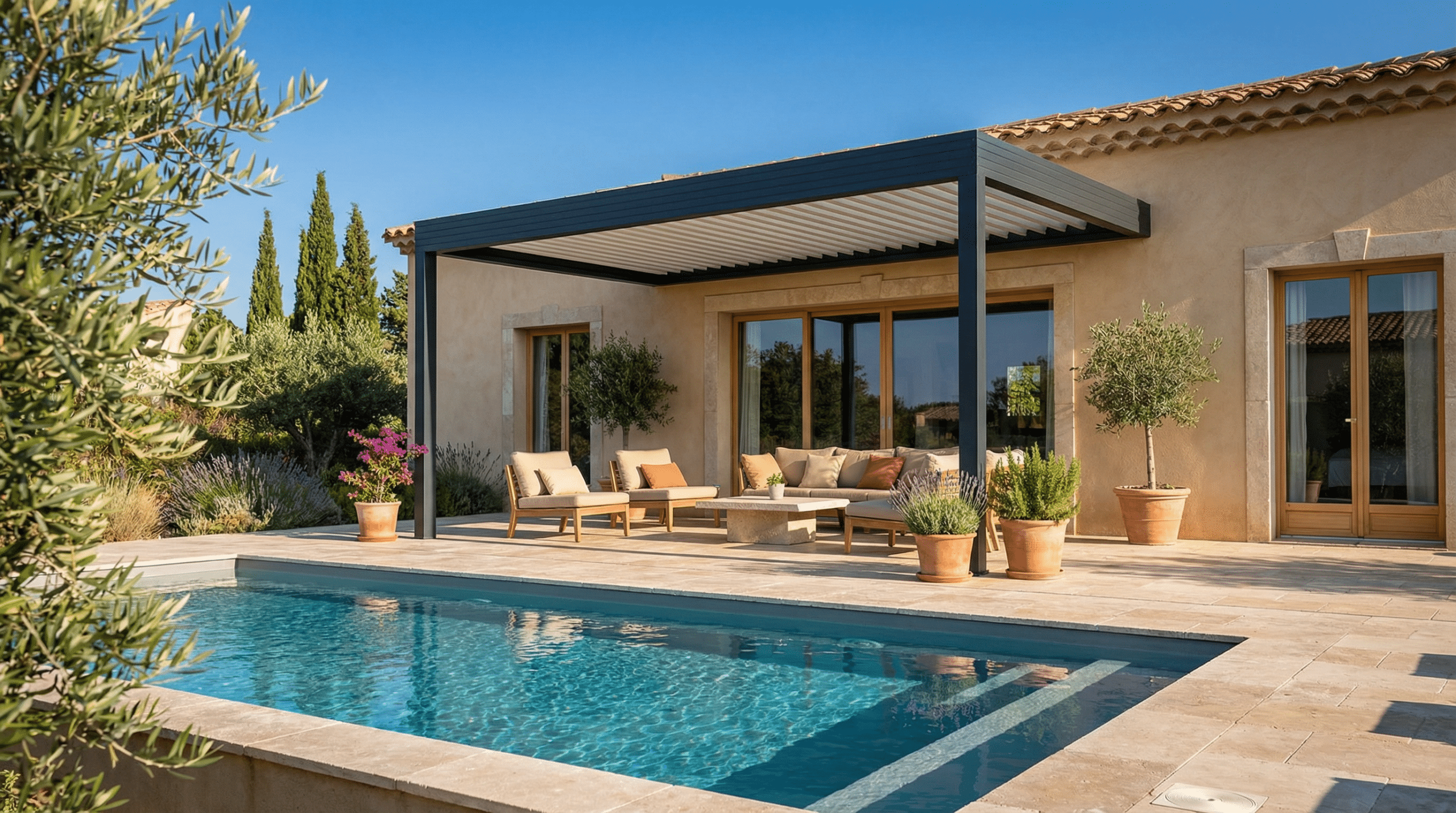 Pergola bioclimatique aluminium adossée à une villa méditerranéenne avec piscine dans le Var