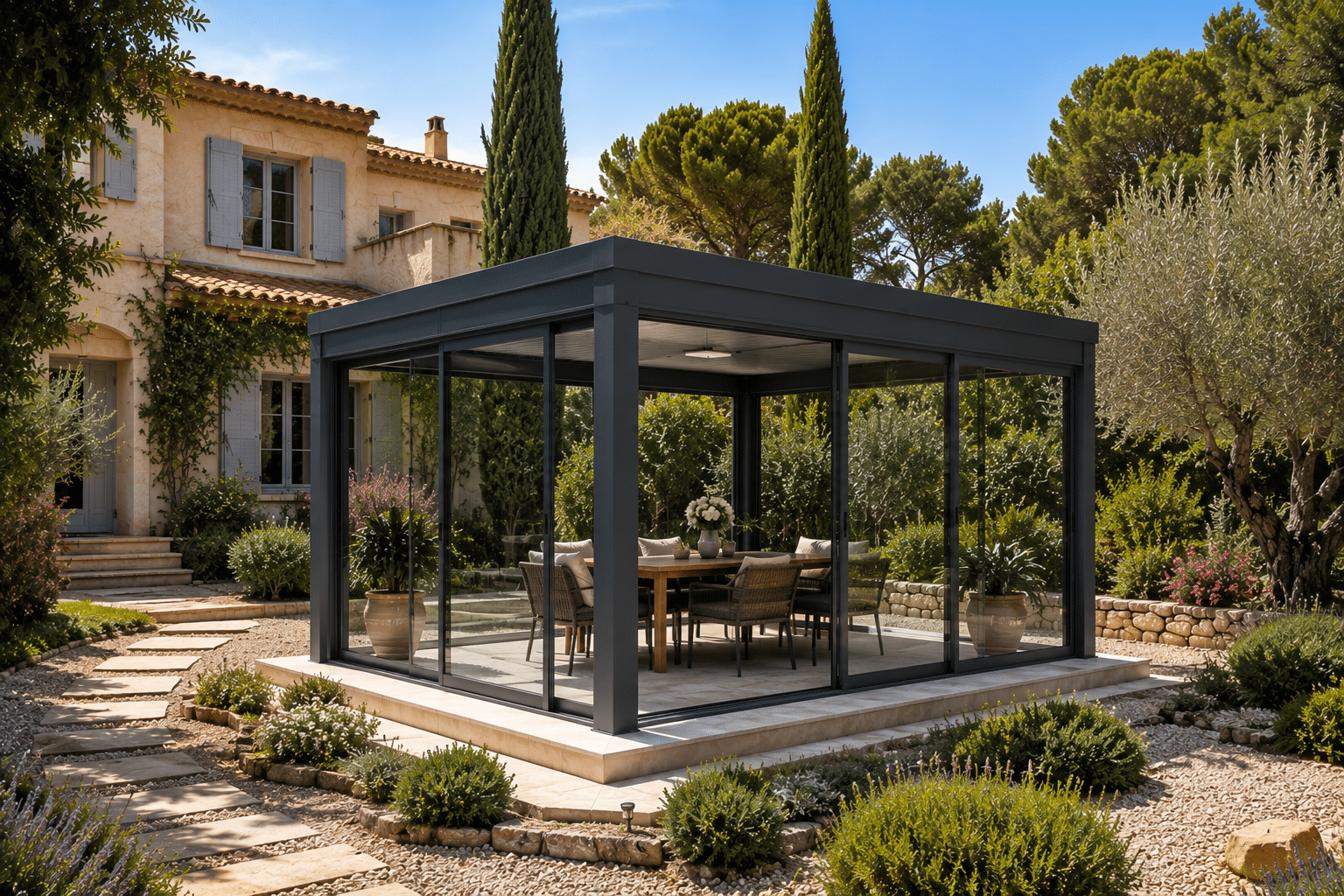 Véranda bioclimatique autoportante en îlot sur mesure Var